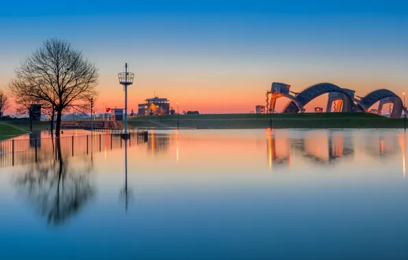 Картинка вода, дерево, панорама, канал, зарево, Нидерланды