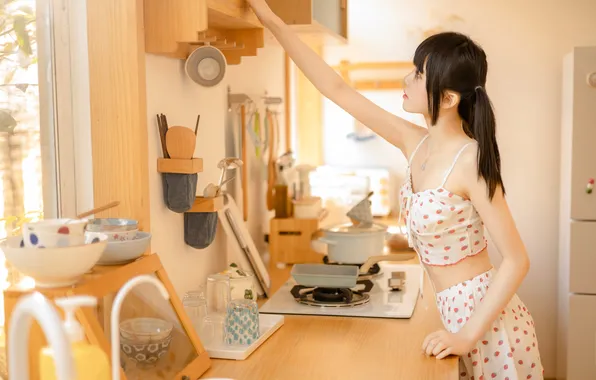 Beautiful, Asian, Model, Woman, Pretty, Kitchen, Indoor, Cooking