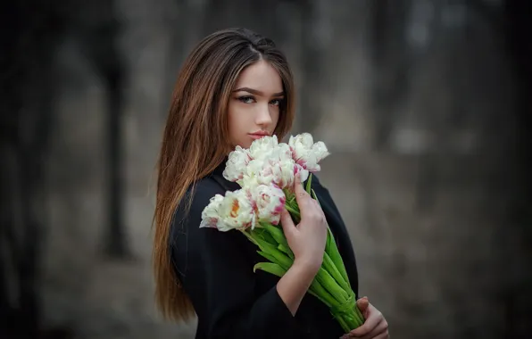 Взгляд, девушка, модель, портрет, букет, тюльпаны, шатенка, Alexandra