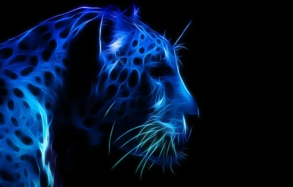 Морда, леопард, профиль, синий цвет, тёмный фон, 3D графика