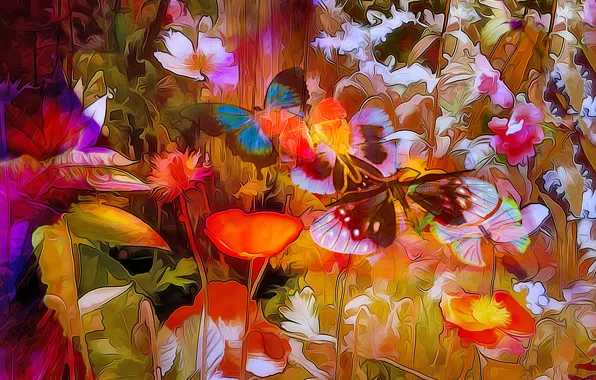 Картинка линии, цветы, природа, рендеринг, бабочка, краски, растение, лепестки