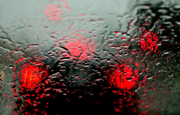 Картинка машина, стекло, капли, дождь, фары, размытость