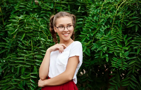 Young, beautiful, leaves, glasses, smiling, female, posing, outdoors