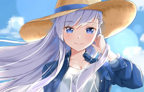 Girl, sexy, cleavage, long hair, hat, boobs, anime, blue eyes