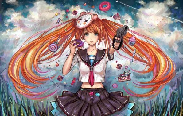 Картинка девушка, пистолет, оружие, маска, арт, сладости, рыжая, пончик