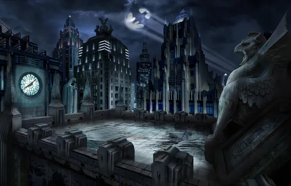 Картинка крыша, ночь, здания, Batman, Гаргулья, Gotham City