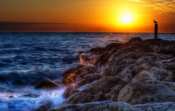 Картинка море, волны, солнце, брызги, камни, берег
