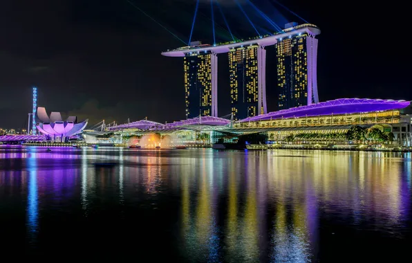 Картинка ночь, огни, Сингапур, Marina Bay Sands, Скай Парк, курортный комплекс