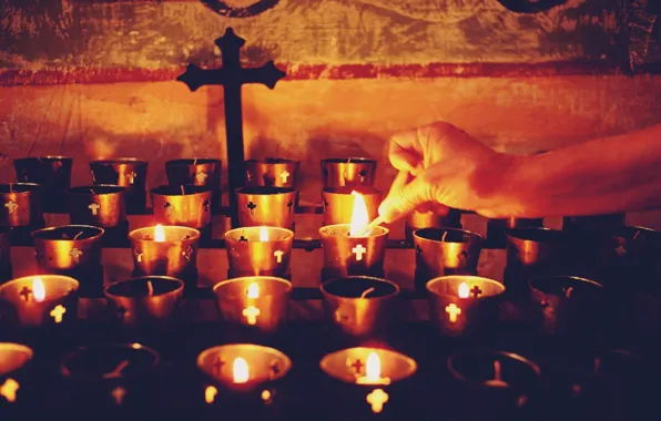 Lights, cross, hand, candles, christianity