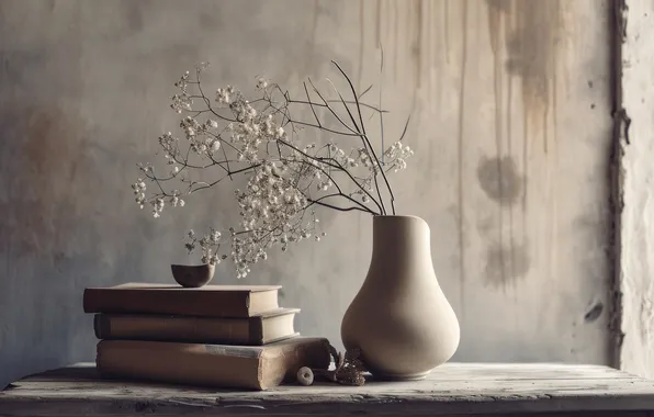 Стена, книги, букет, ваза, натюрморт, серый фон, керамика, ИИ-арт