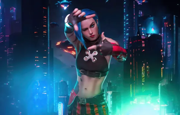 Девушка, город, огни, поза, небоскребы, ночной город, жест, Cosplay