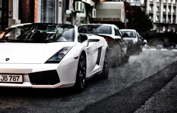 Картинка steam, street, пар, Lamborghini, гайярдо, ламборгини, Gallardo, белый