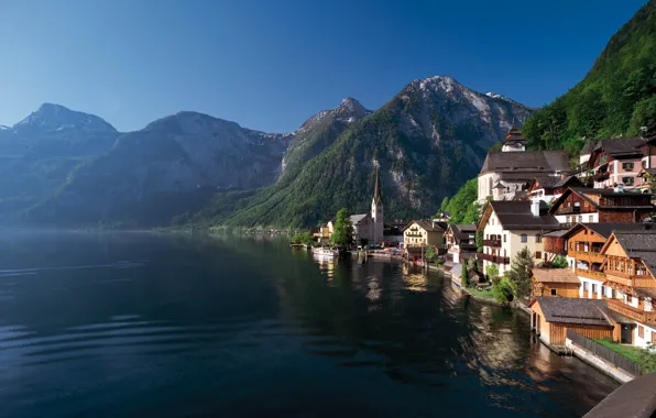 Картинка лес, лето, горы, озеро, берег, дома, городок, Austria