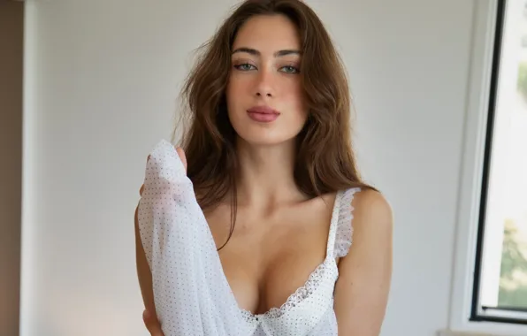 Cleavage, dress, woman, young, brown, model, window, hair