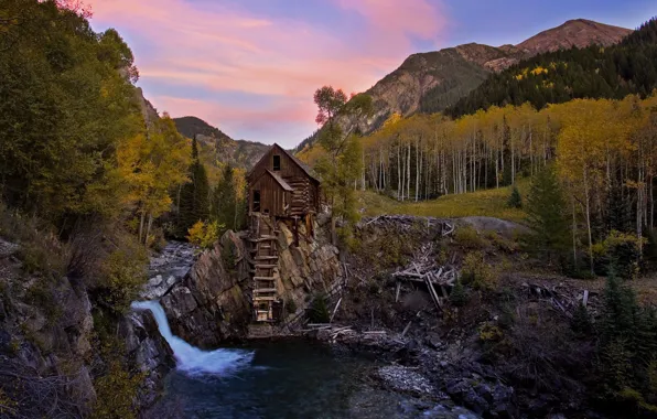 Осень, лес, облака, деревья, горы, скалы, рассвет, водопад