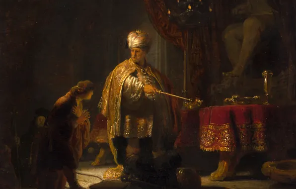 Картинка картина, мифология, Рембрандт ван Рейн, Даниил и Царь Кир у Идола Ваала