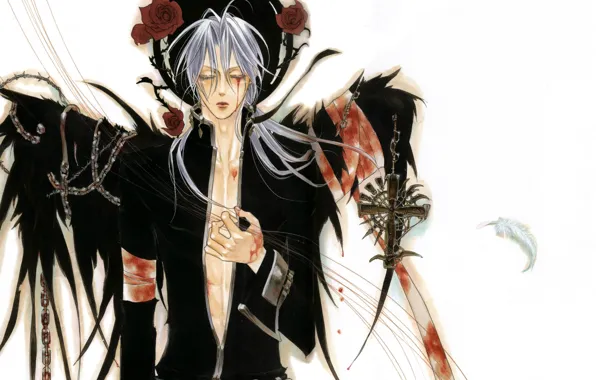 Крест, цепи, кровавые слезы, бинты, черные крылья, Trinity Blood, проклятие, Abel Nightroad