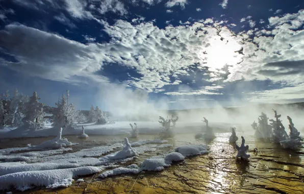 Картинка снег, пейзаж, природа, туман, река, утро