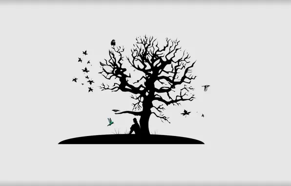 Картинка Минимализм, Дерево, Листья, Грусть, Птицы, Черно-белое
