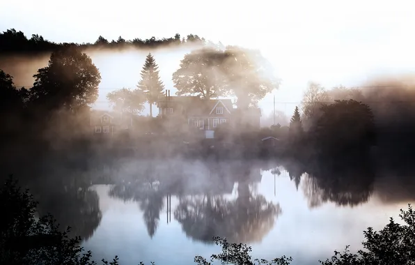 Картинка пейзаж, туман, озеро, дом, утро