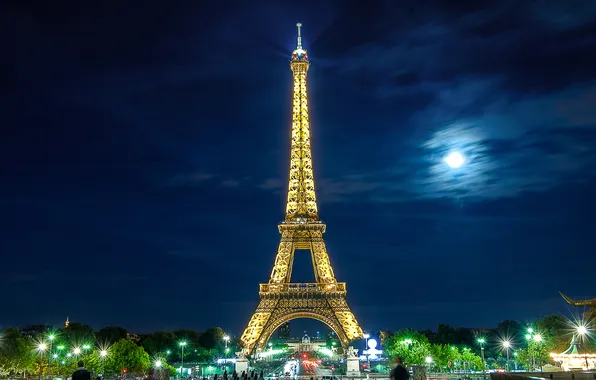 Небо, облака, ночь, огни, Париж, башня