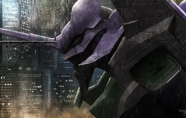 Город, робот, парень, Ева, Evangelion