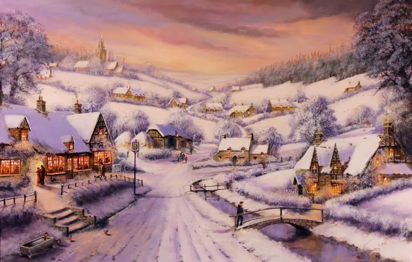 Картинка зима, дорога, лес, снег, деревья, мост, река, люди