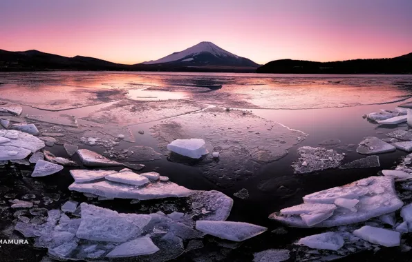 Закат, лёд, Japan, photographer, Kenji Yamamura, Lake Yamanaka