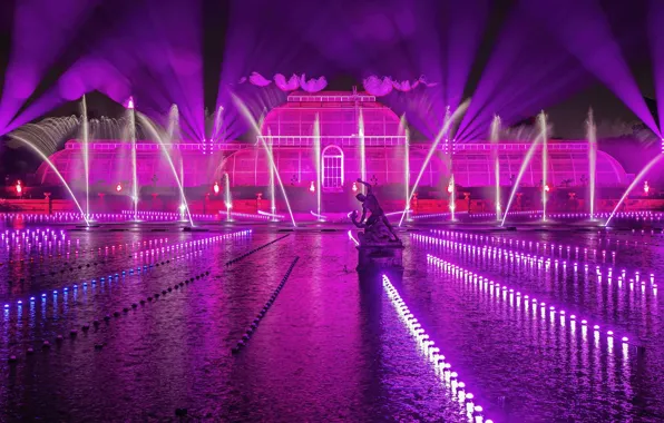 Огни, Лондон, Рождество, фонтан, ботанический сад, Kew Gardens