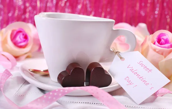 Кофе, розы, sweet, лента, конфеты, розовые, сердечки