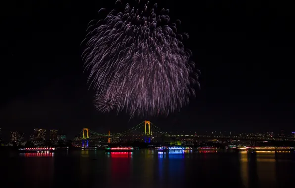 Огни, праздник, здание, Tokyo, Japan, Rainbow Bridge, салюты