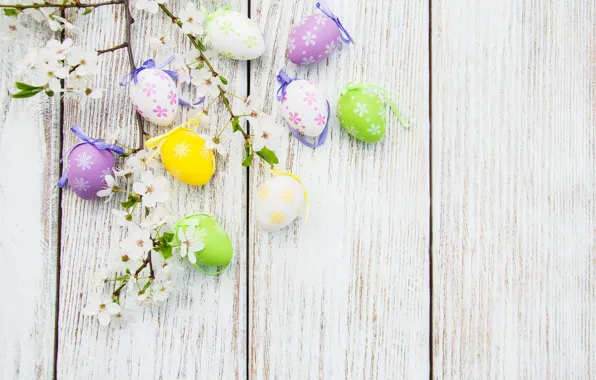 Цветы, яйца, colorful, Пасха, happy, wood, blossom, flowers