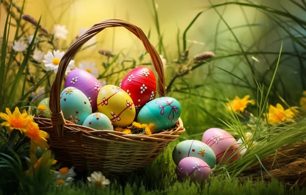 Картинка цветы, яйца, весна, colorful, Пасха, happy, flowers, spring