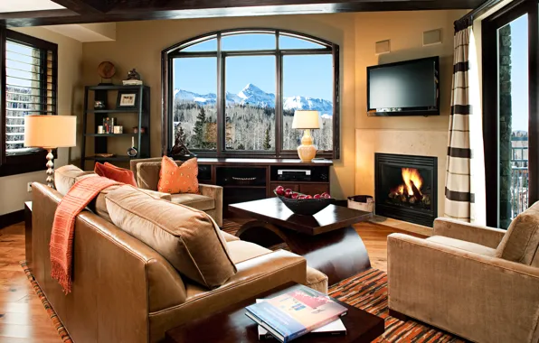 Living room, Villa, fireplace, resort, Suite, mountain view