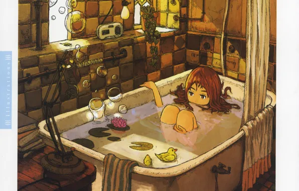 Картинка пузыри, комната, игрушка, лампа, окно, девочка, ванна, занавески