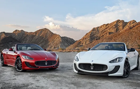 Картинка белый, небо, горы, красный, Maserati, Спорт, суперкар, Мазерати