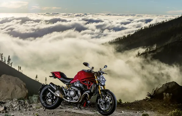 Картинка red, Ducati, Monster, moto, bike, mountains, clouds, Legend