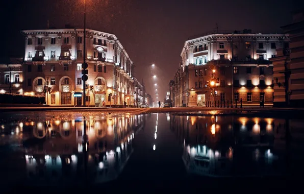 Дорога, снег, ночь, отражение, лампы, лужи, Беларусь, Минск