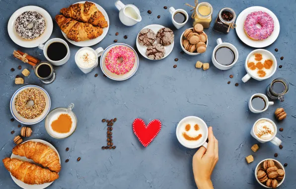 Картинка кофе, печенье, сладости, пончики, love, I love you, heart, выпечка