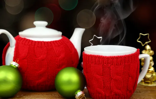 Украшения, шары, чай, Новый Год, чайник, Рождество, чашка, happy