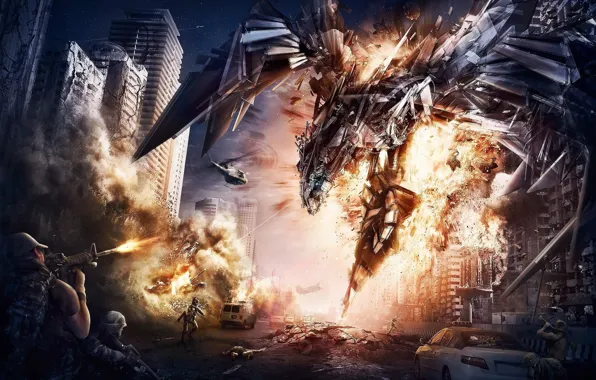 City, cinema, gun, robot, soldier, mecha, weapon, war