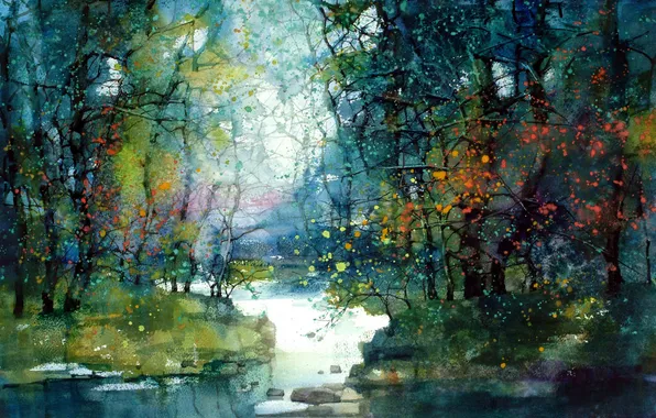 Картинка деревья, пейзаж, река, картина, ZL Feng