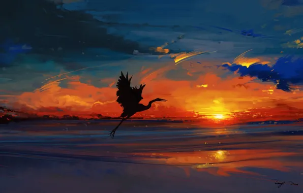 Картинка sky, sea, landscape, nature, bird, sunset, water, art