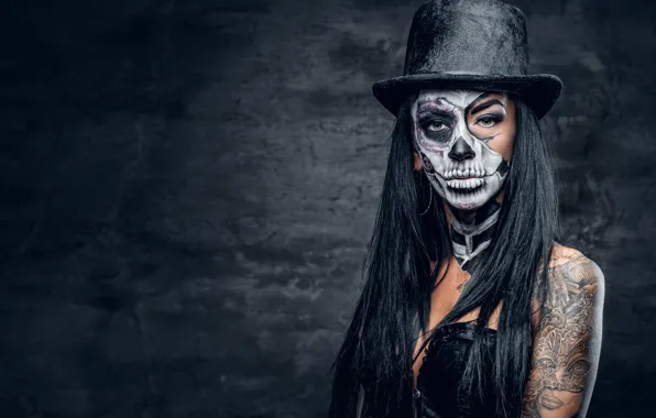Skull, hat, female, makeup, day of the dead