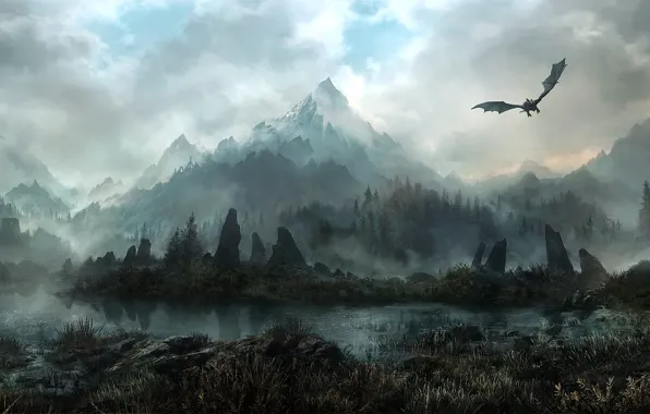 Картинка лес, горы, туман, камни, дракон, арт, deviantart, JonasDeRo