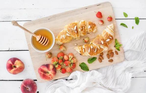 Картинка ягоды, завтрак, клубника, мед, персики, strawberry, breakfast, круассан