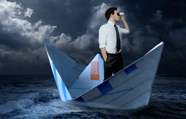 Картинка море, шторм, дождь, галстук, бинокль, мужчина, рубашка, кораблик