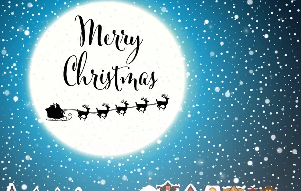 Картинка Дома, Зима, Ночь, Снег, Луна, Рождество, Новый год, Санта Клаус