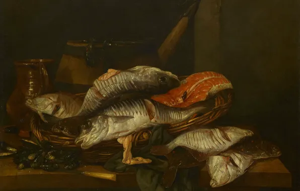 Масло, картина, холст, Натюрморт с Рыбами, 1670, Абрахам ван Бейерен, Abraham van Beyeren