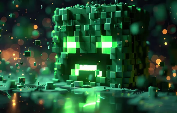 Green, game, Minecraft, cube, Creeper, ИИ арт, AI art